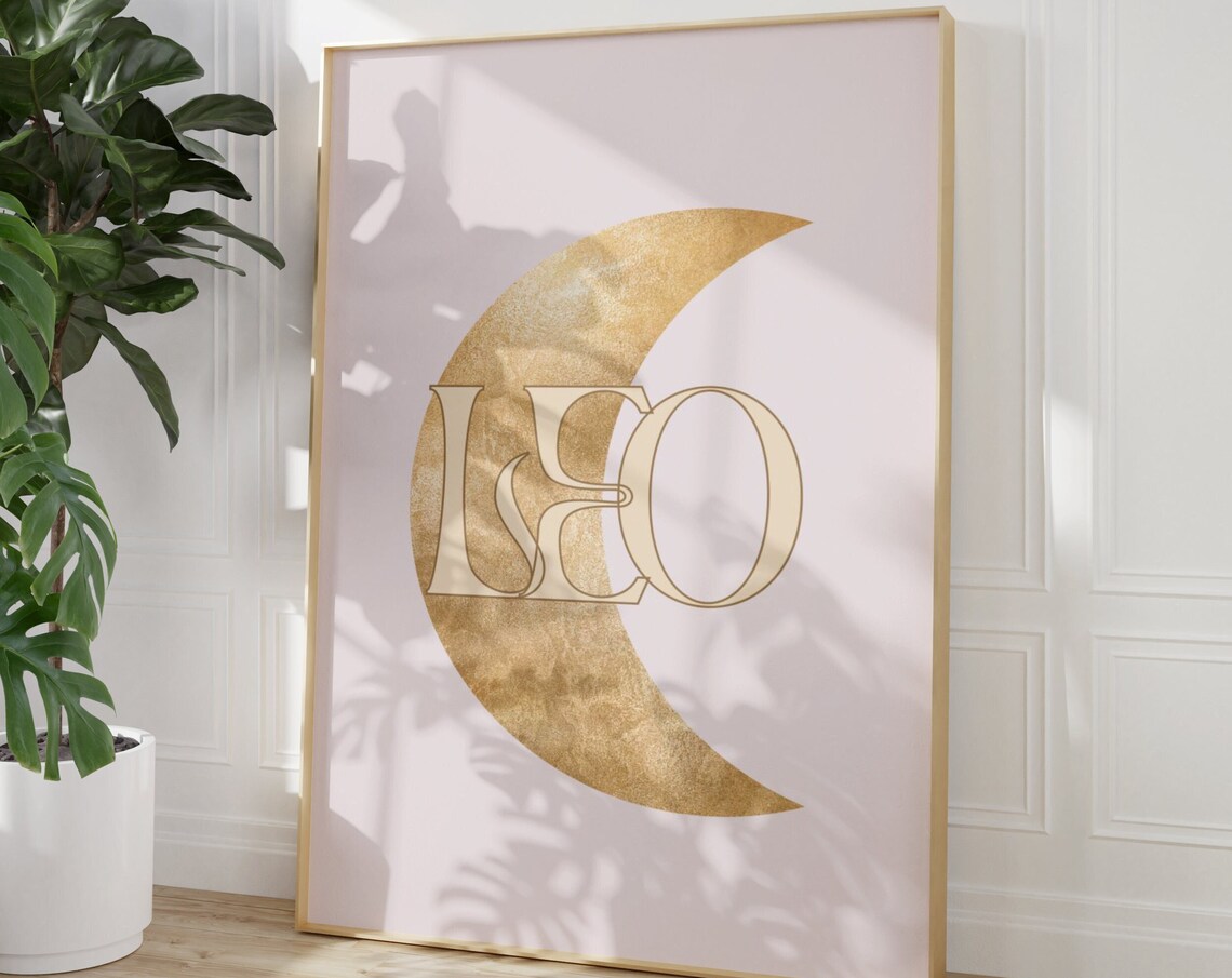 Leo Gold Crescent Moon Art Nouveau Blush Pink Zodiac Typography Poster