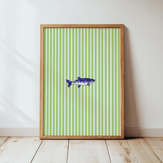 Green Stripe Sardine Print Kitchen Wall Art Fish Retro Decor Trendy Seafood Sardines Foodie Gift