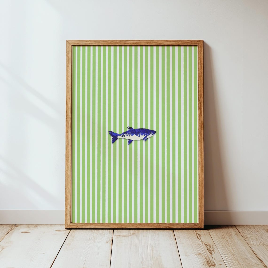 Blue Sardine Fish Green Stripe Kitchen Retro Seafood Art Poster
