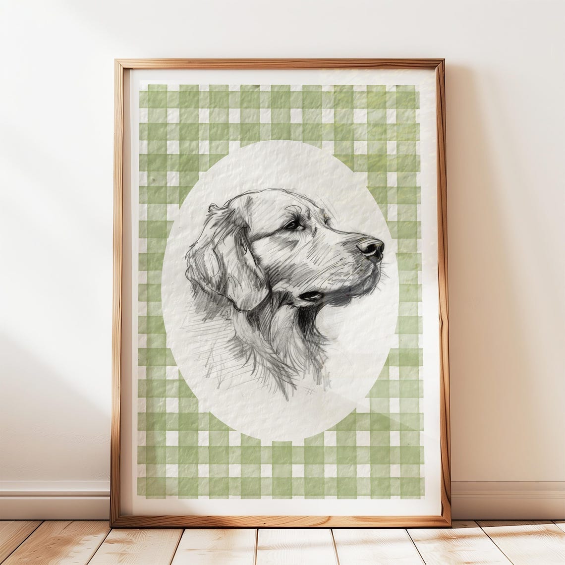 Golden Retriever Pencil Sketch Portrait On Green Gingham Poster