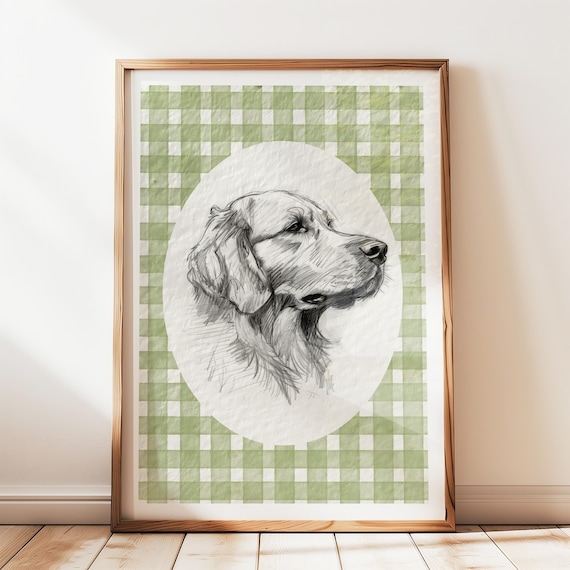 Golden Retriever Pencil Sketch Portrait On Green Gingham Poster