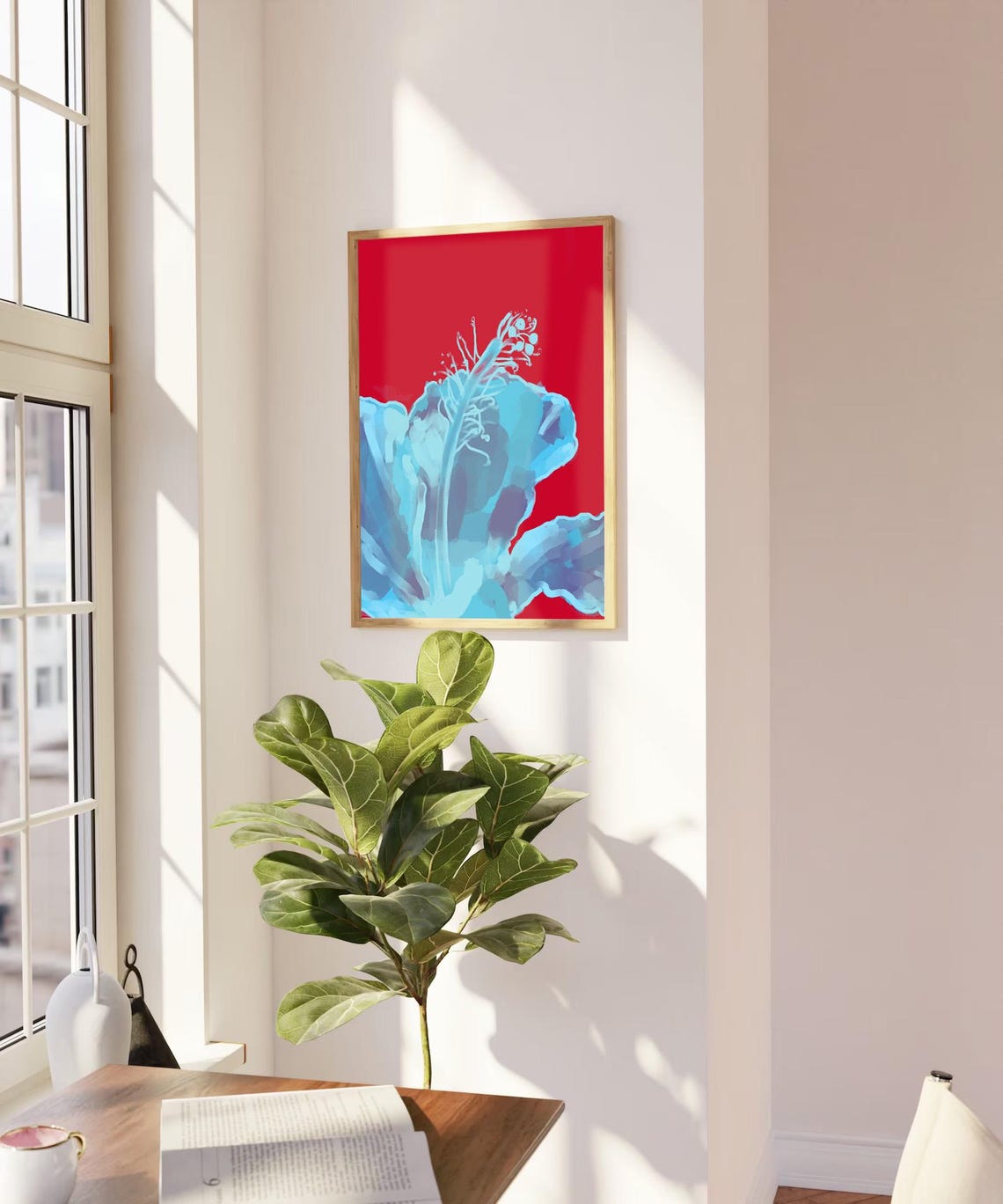 Blue Hibiscus Poster Bold Red Background Modern Botanical Print Large Wall Art Minimalist Floral Decor Abstract Flower Art - Image 2