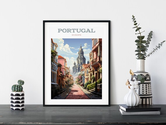 Portugal Retro Travel Colorful Old Street Church Tower Europe Poster