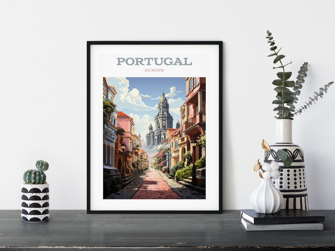 Portugal Retro Travel Colorful Old Street Church Tower Europe Poster