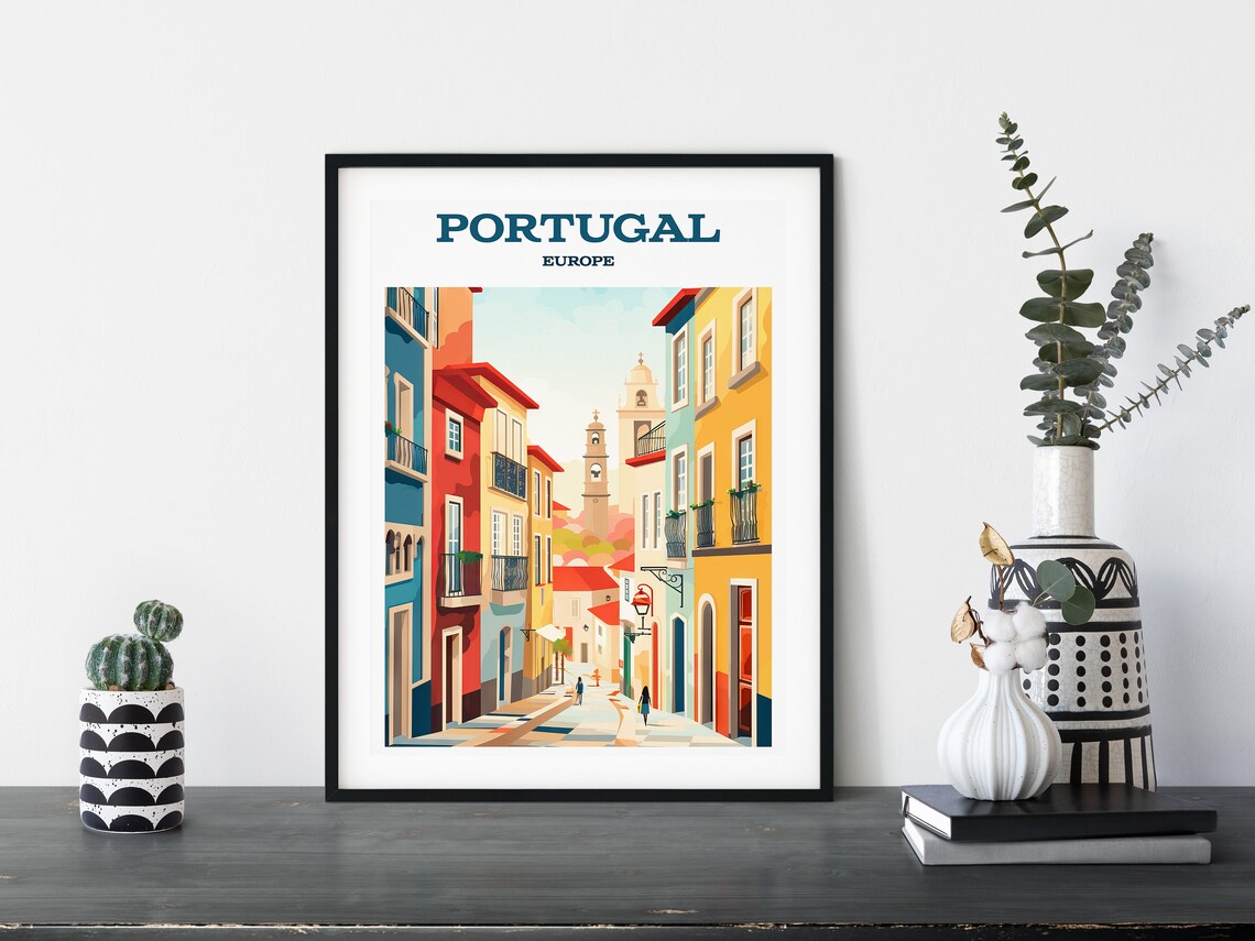 Portugal Europe Travel Poster Colorful Historic Street Scene Artwork