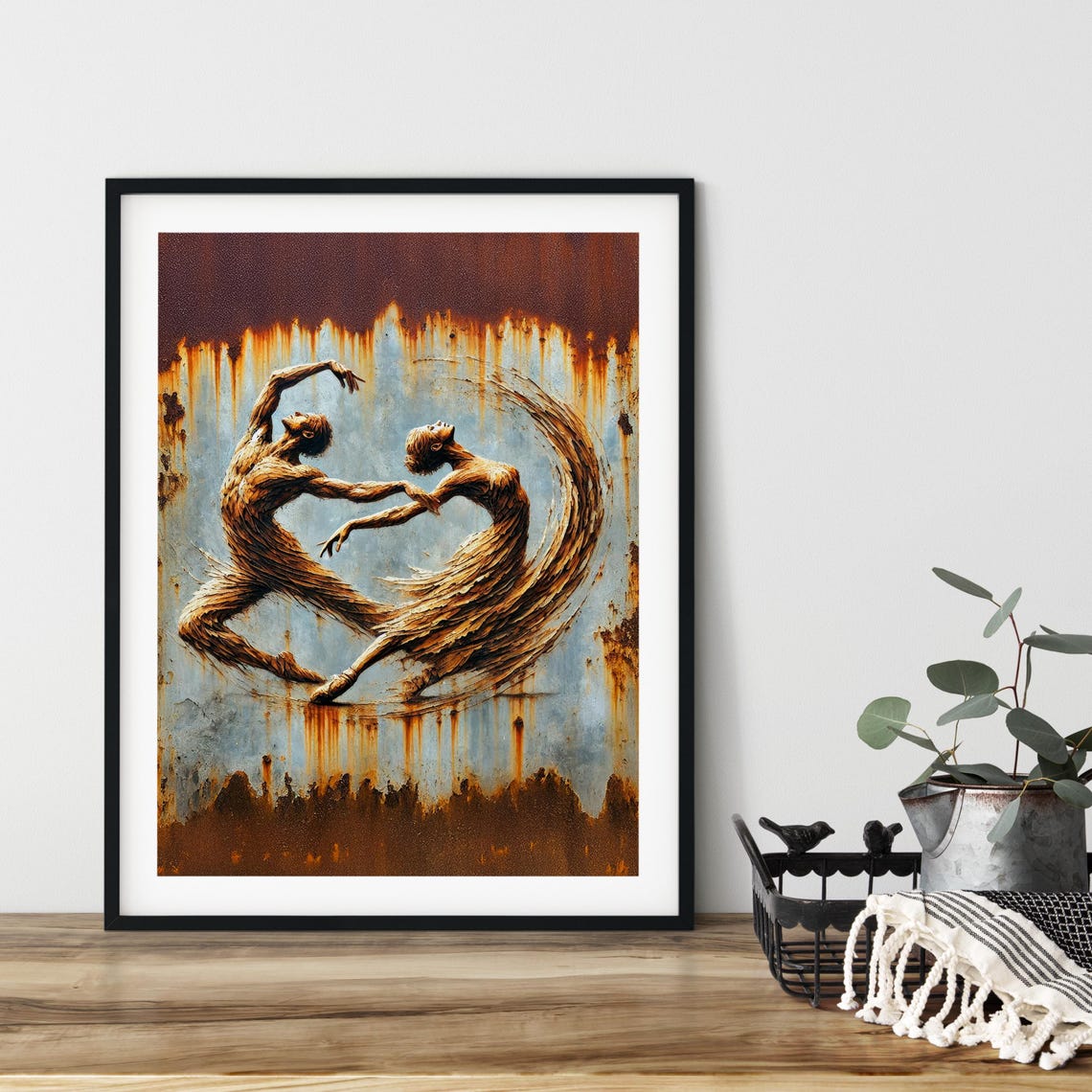 Rust Texture Dancing Couple Abstract Figurative Modern Art Poster