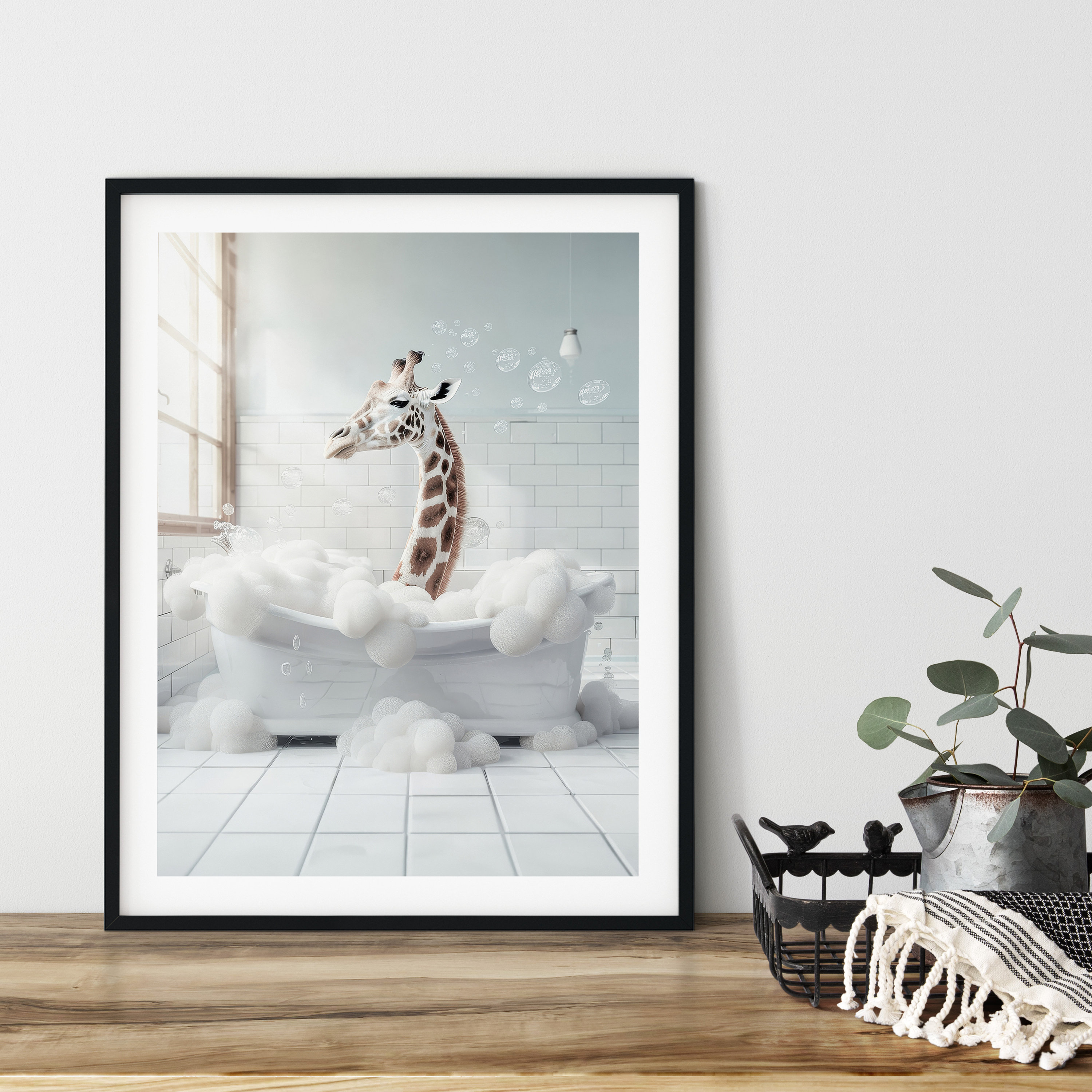 Giraffe In Tub Adorable Animals Funny Bathroom Wall Art Poster Various Sizes Instant Ai Wild