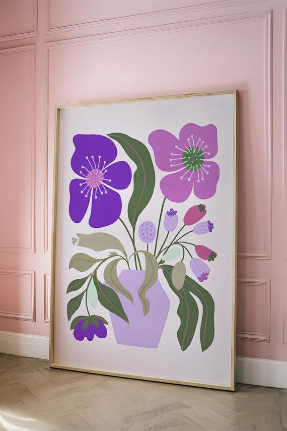 Dopamine Decor Wall Poster Colorful Retro Art Funky Maximalist Print Trendy Bold Groovy Design For Room Accent Purple Lilac Flowers