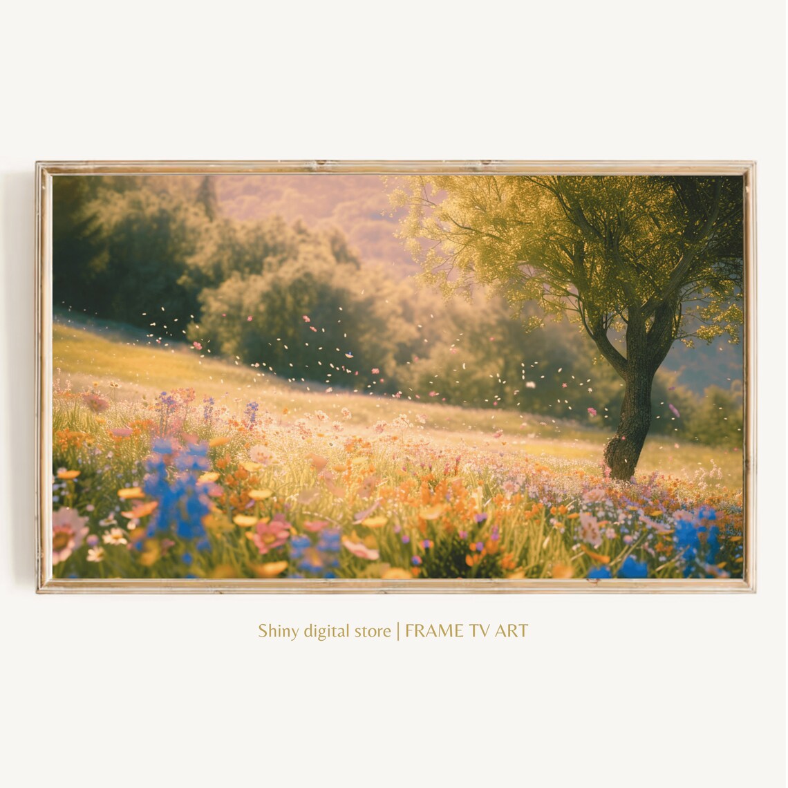 Sunlit Wildflower Meadow Golden Tree Morning Light Nature Field Poster