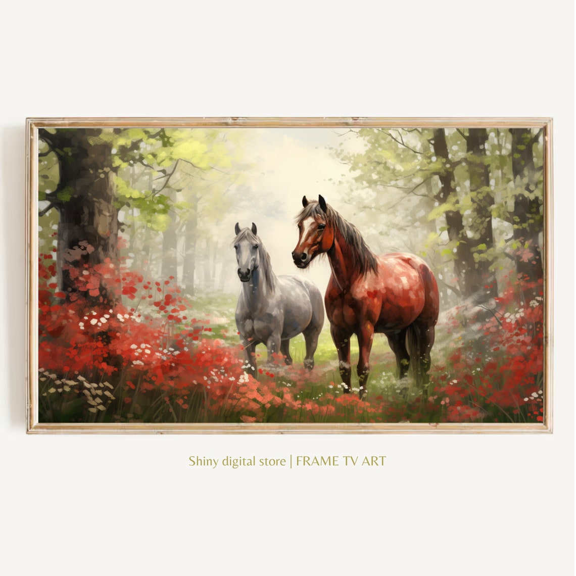 Chestnut And Grey Horses Forest Meadow Poppies Wildlife Wall Art
