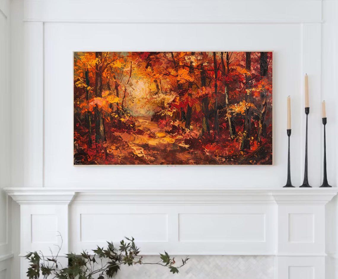 Fiery Autumn Forest Path Fall Foliage Impressionist Landscape Wall Art - Image 2