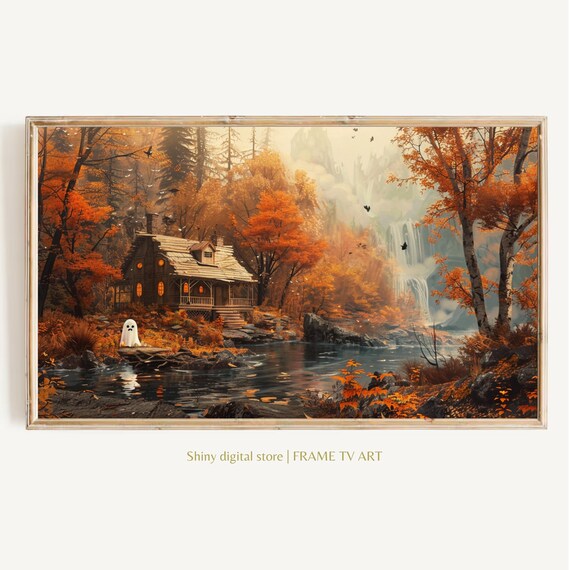 Ghost By Autumn Cabin Stream Waterfall Fall Foliage Painting Poster