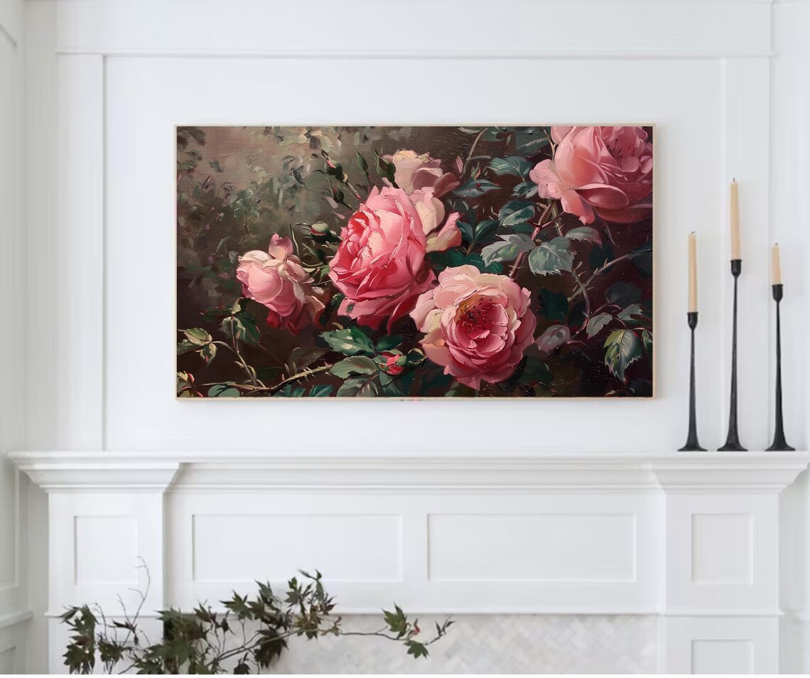 Pink Roses Oil Painting Dark Background Garden Vintage Art Print - Image 2