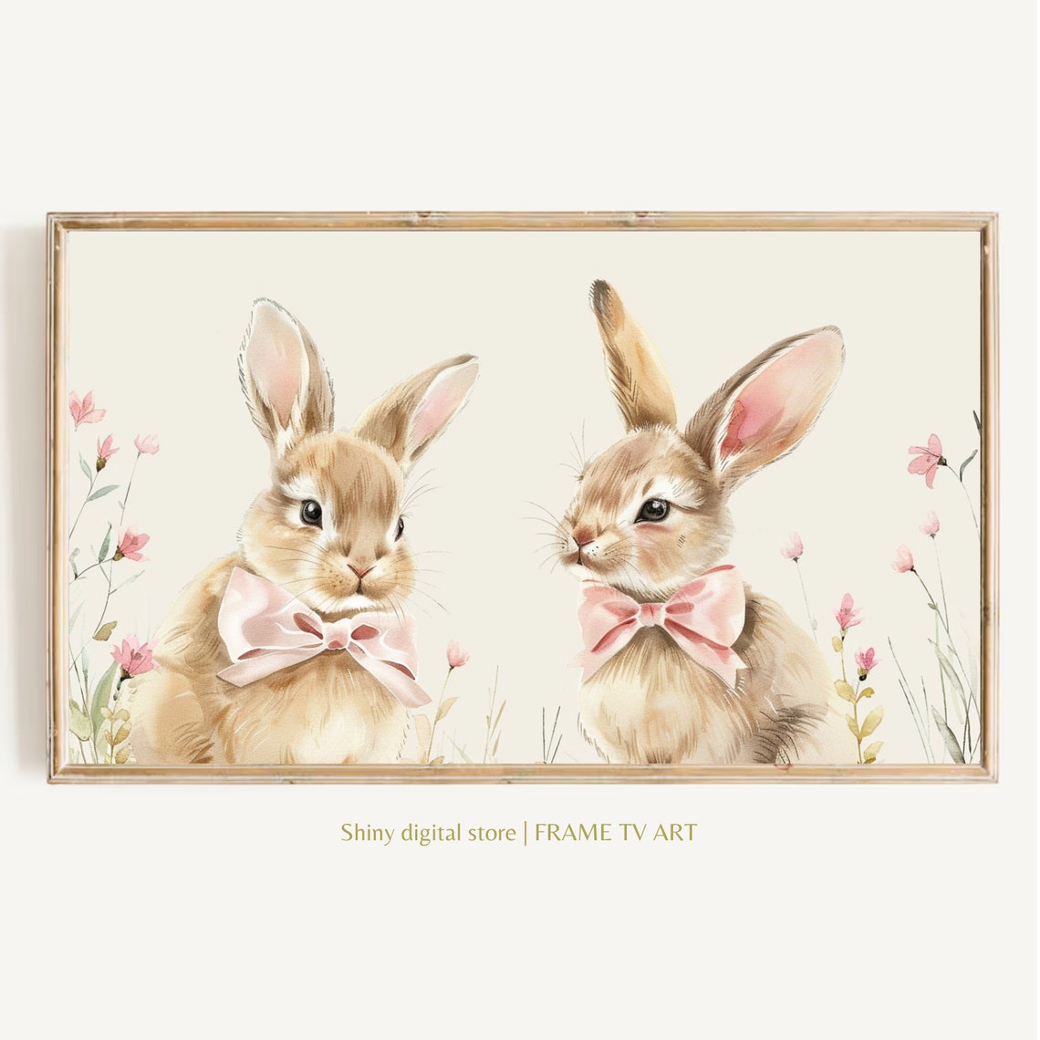 Easter Frame Tv Art Bunnies With Pink Bows Easter Rabbit Tv Art Neutral Cute Rabbit For Kids Frame Tv Art Vintage Style