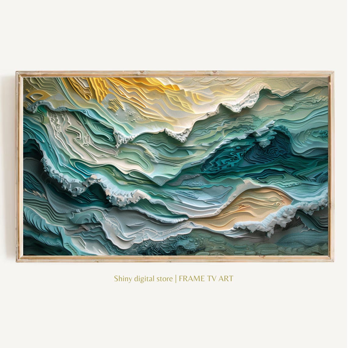 Layered Teal and Gold Ocean Waves Abstract Seascape Textured Poster