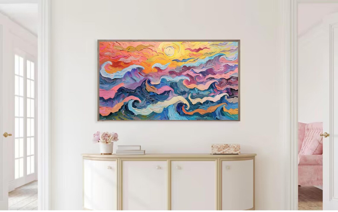 Pastel Abstract Ocean Sunset Impasto Textured Wave Seascape Art Poster - Image 2