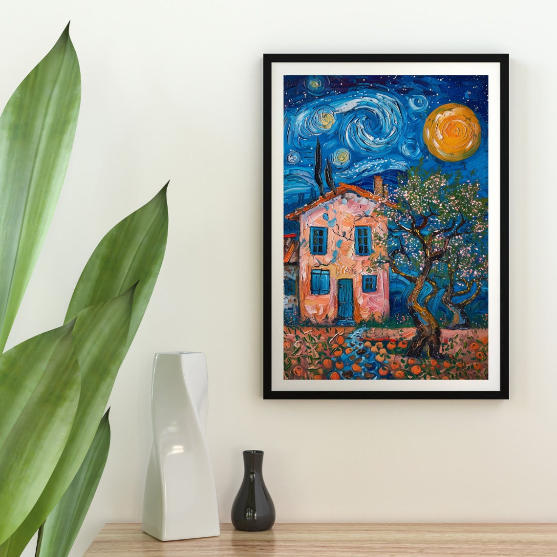 Van Gogh Starry Night Cottage Swirling Sky Night Lights Art Poster - Image 2