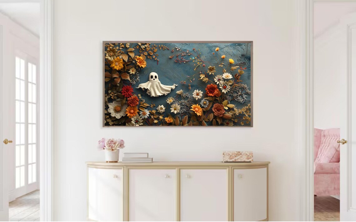 Cute Crochet Ghost Autumn Wildflowers Cottagecore Halloween Poster - Image 2