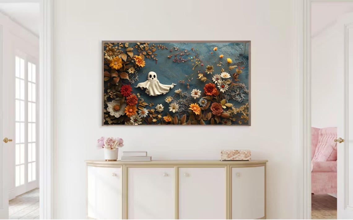 Halloween Frame Tv Art Instant Cute Ghost Wildflower Embroidery Textured Art For Tv Cottagecore Fall Art - Image 2