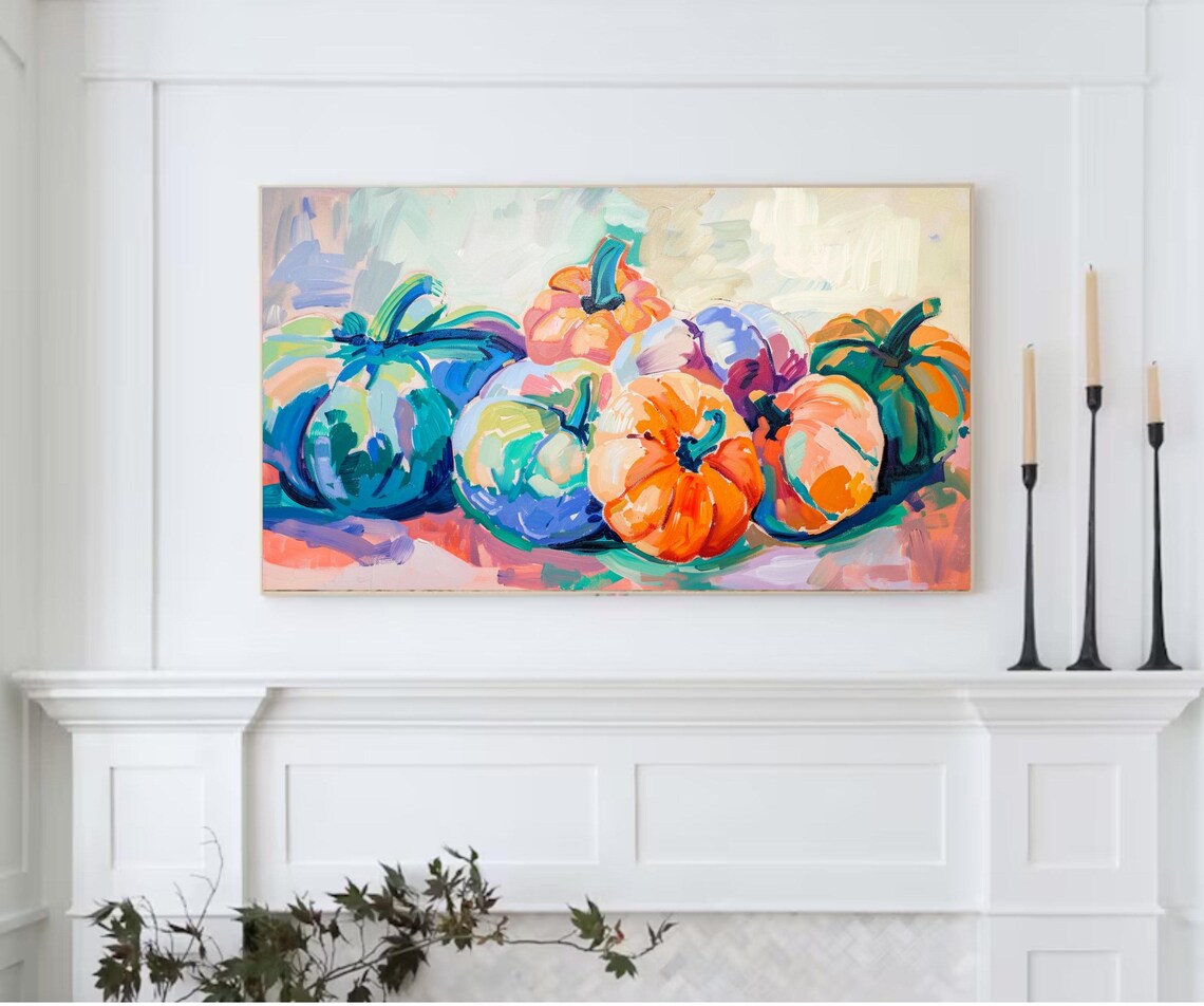 Pastel Pumpkins Fall Still Life Painting Pink Orange Harvest Art Print - Image 2