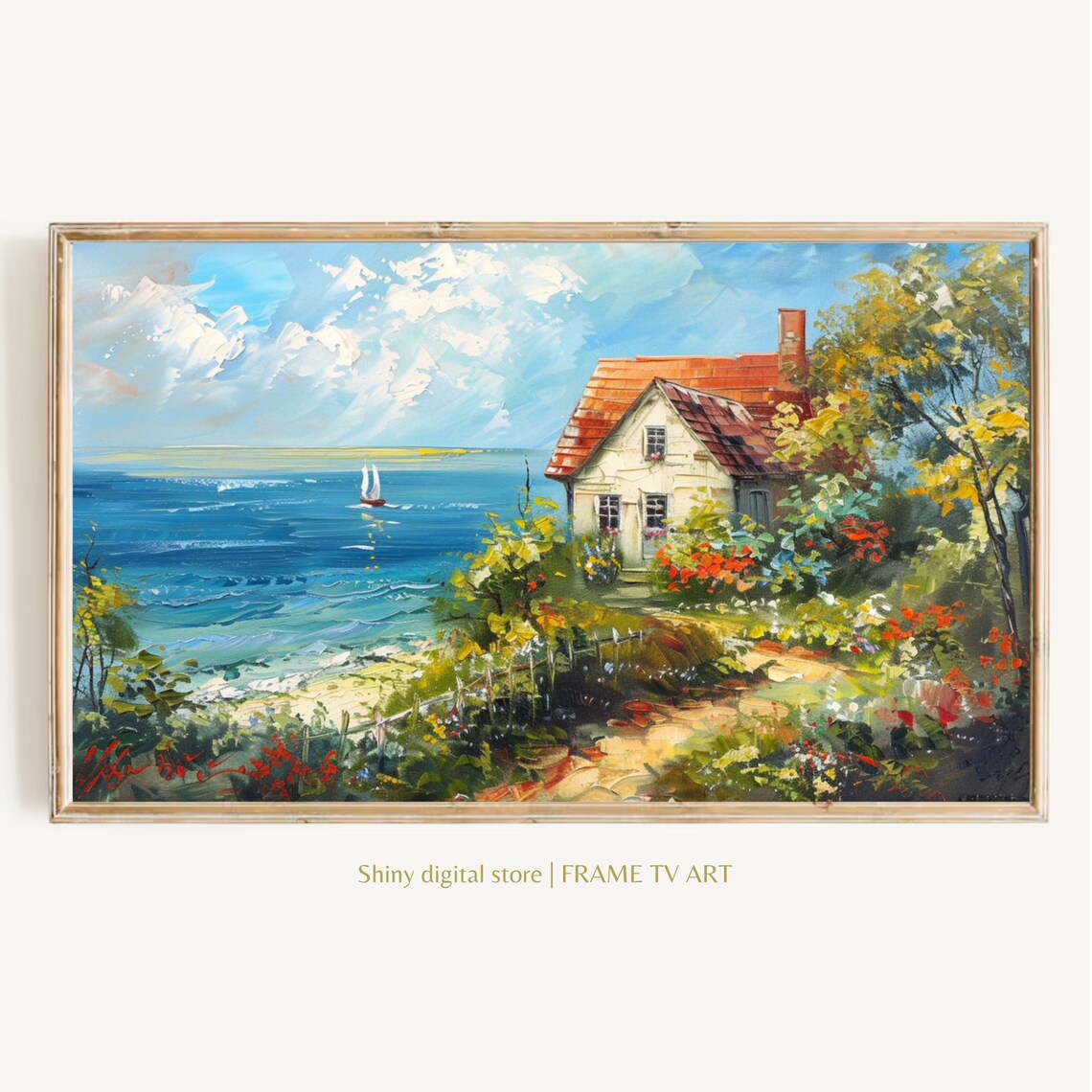Sunny Coastal Cottage Garden Sailboat Seaside Summer Art Poster