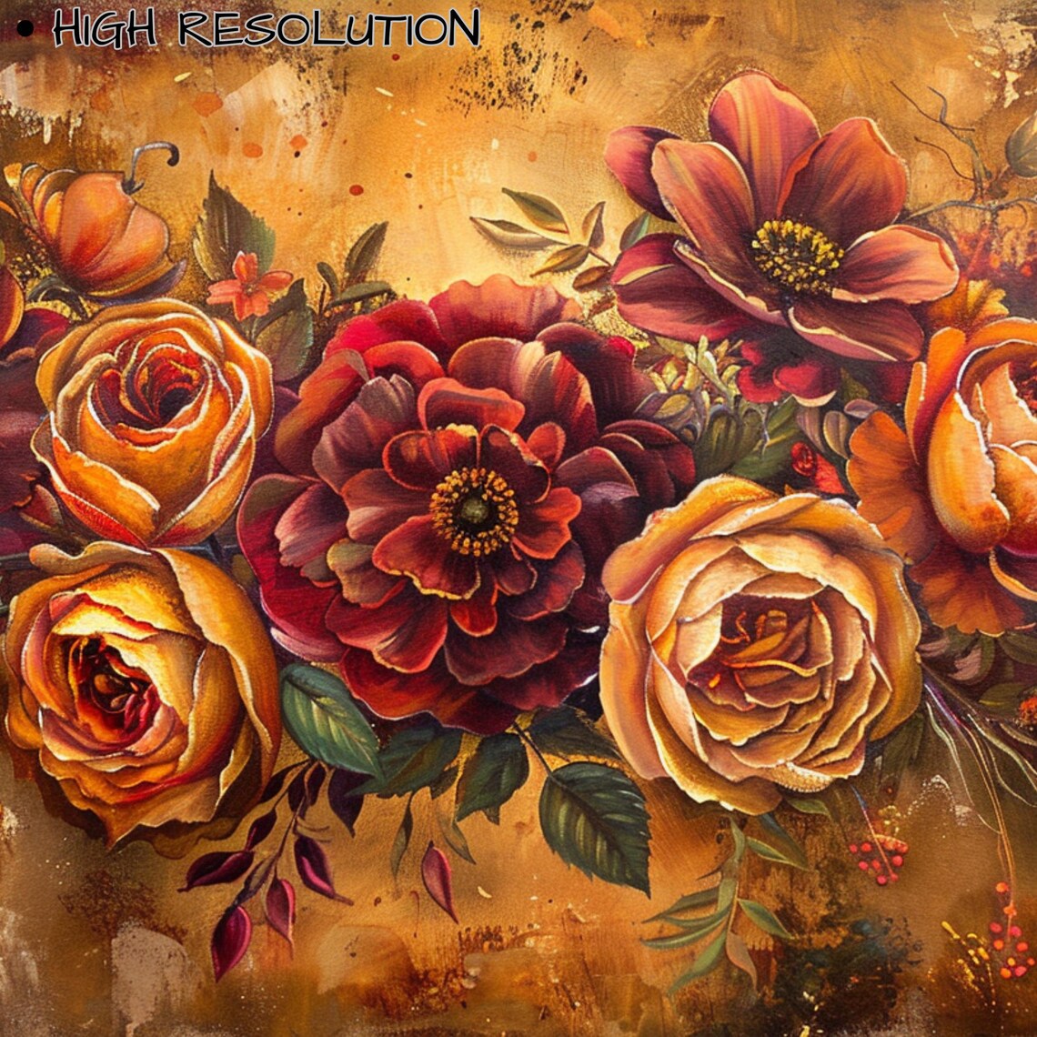 Autumn Floral Bouquet Roses Dahlias Warm Golden Painting Poster - Image 3