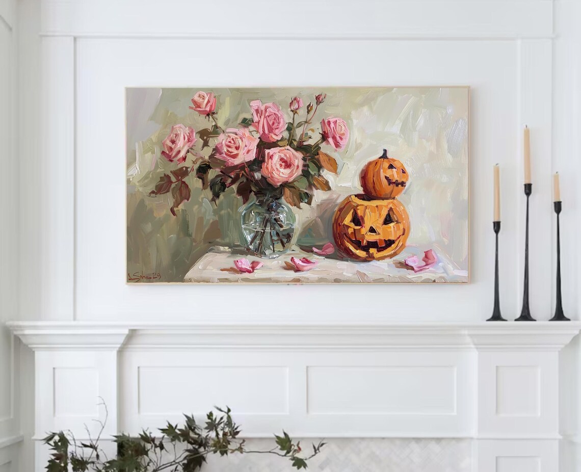 Cute Pink Roses with Stacked Jack O Lanterns Halloween Still Life Wall Art - Image 3