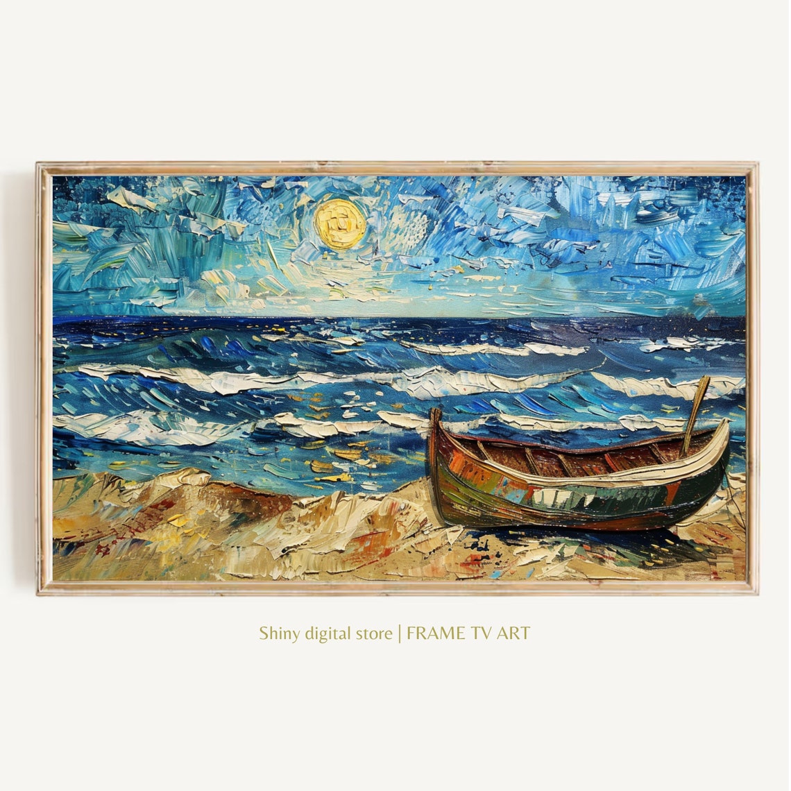 Moonlit Ocean Waves Wooden Rowboat On Sandy Shore Night Poster