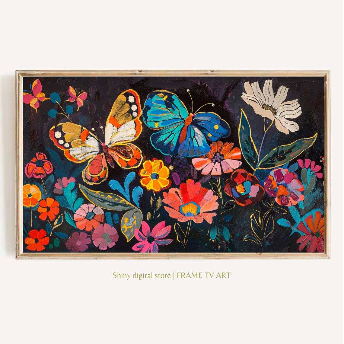 Orange Blue Butterflies Zinnia Blossoms Dark Botanical Art Poster