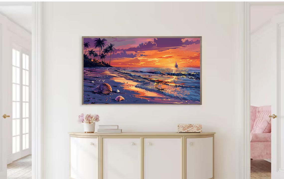 Tropical Beach Sunset Palm Trees Sailboat Seashells Coastal Art Poster - Image 3