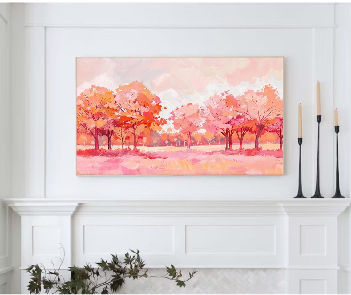 Pink Coral Autumn Tree Line Soft Fall Landscape Pastel Wall Art - Image 2
