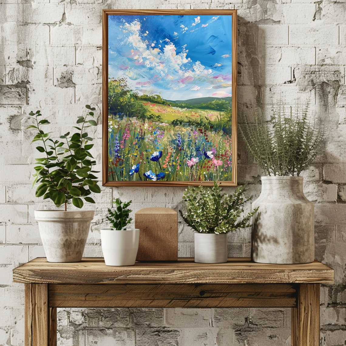 Wildflower Meadow Cornflower Daisies Bright Blue Sky Summer Art Poster - Image 2