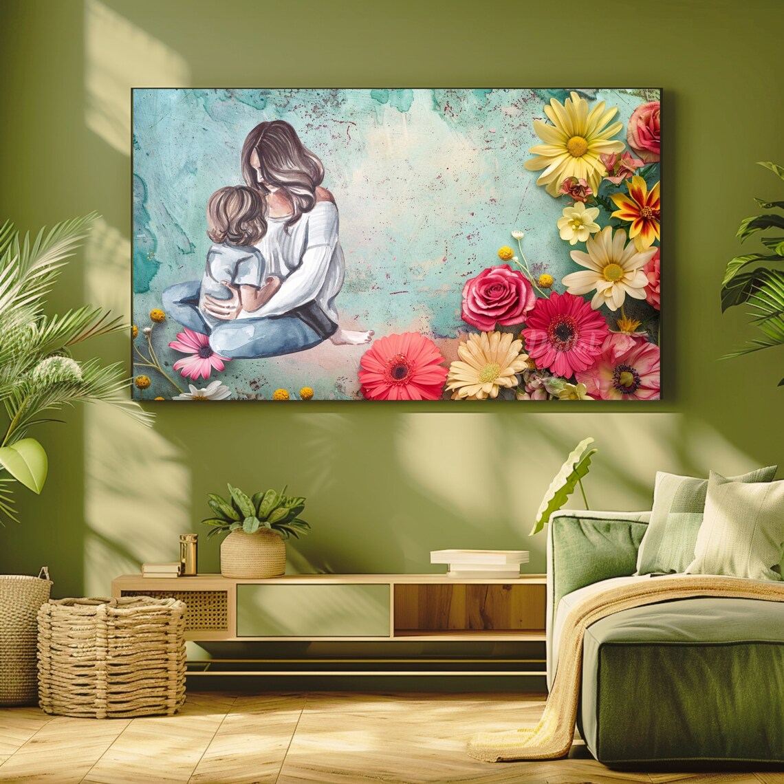 Mother Holding Child Watercolor with Floral Border Mothers Day Poster - Image 2