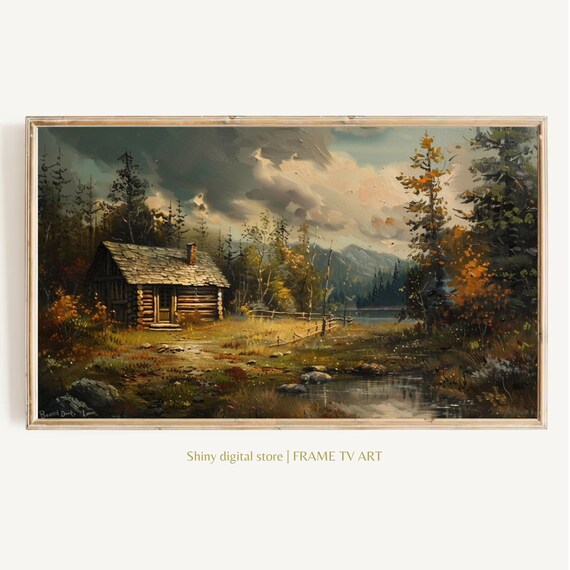 Frame Tv Art Rustic Cabin Country Landscape Painting Vintage Cabin Art Print Moody Winter Scene Decor Wall Art