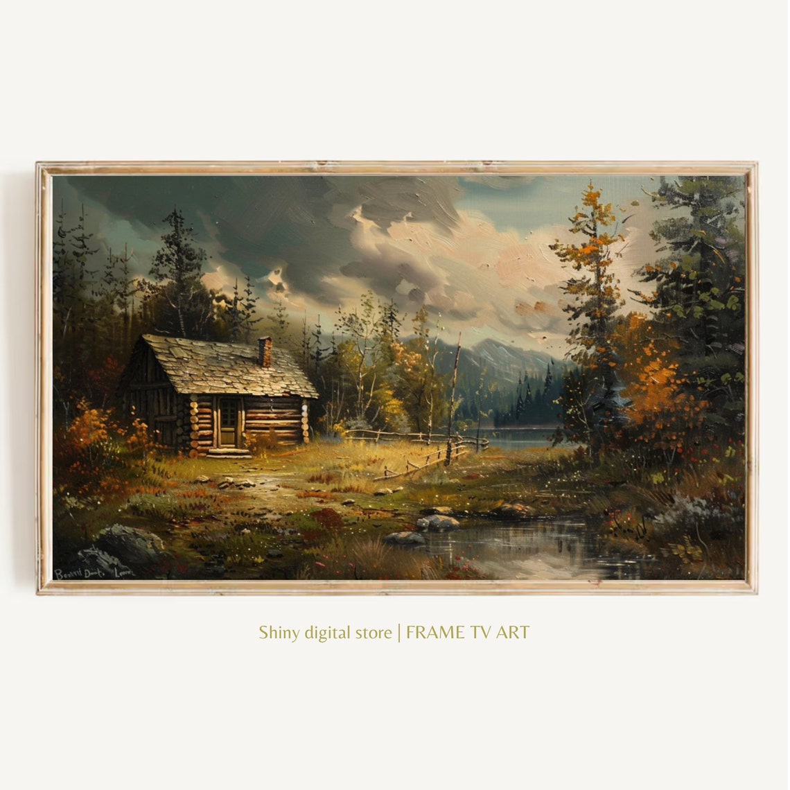 Rustic Log Cabin by Mountain Stream Moody Autumn Landscape Poster