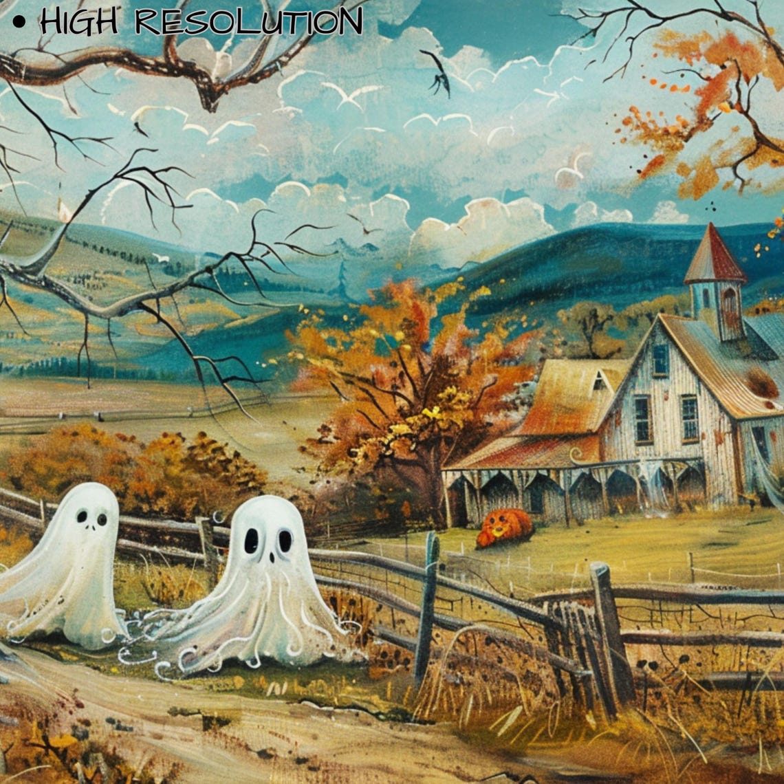 Vintage Farm Ghosts by Fence Barn Fall Halloween Scene Wall Art - Image 3