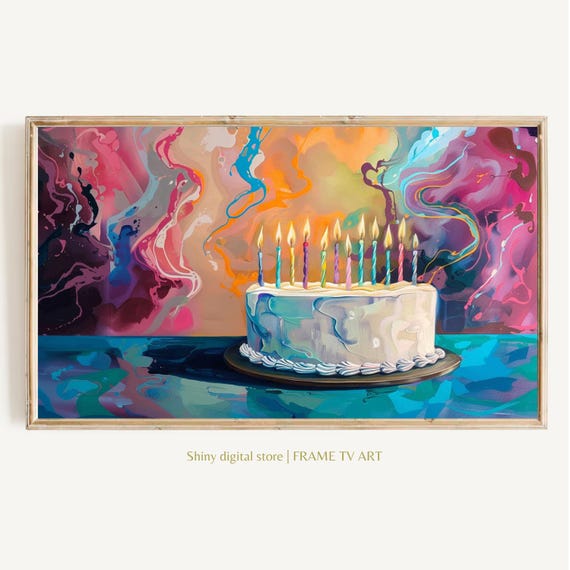 Birthday Frame Tv Art Colorful Birthday Cake Painting For Tv Pink Blue Frame Tv Bday Art