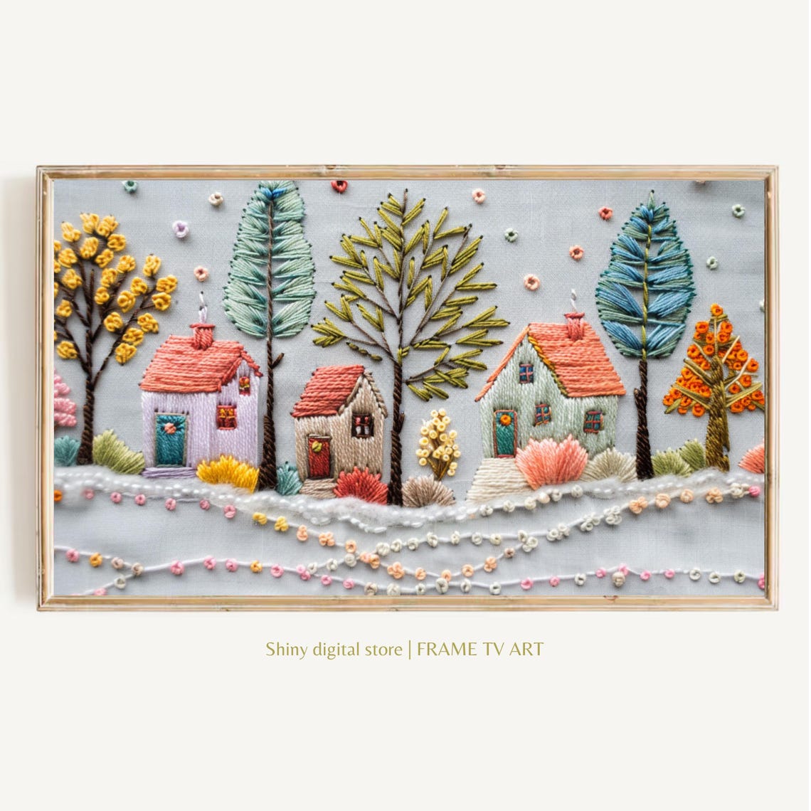 Embroidered Cozy Village Cottages 3D Textured Winter Art Poster