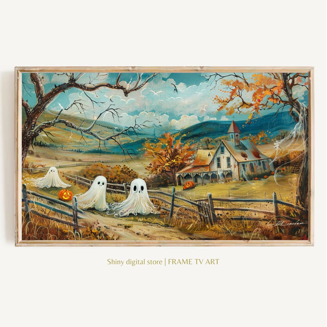 Vintage Farm Ghosts by Fence Barn Fall Halloween Scene Wall Art