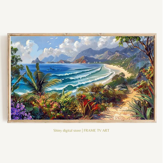 Tropical Coastal Bay Vintage Painting Beach Mountains Lush Flowers Travel Print