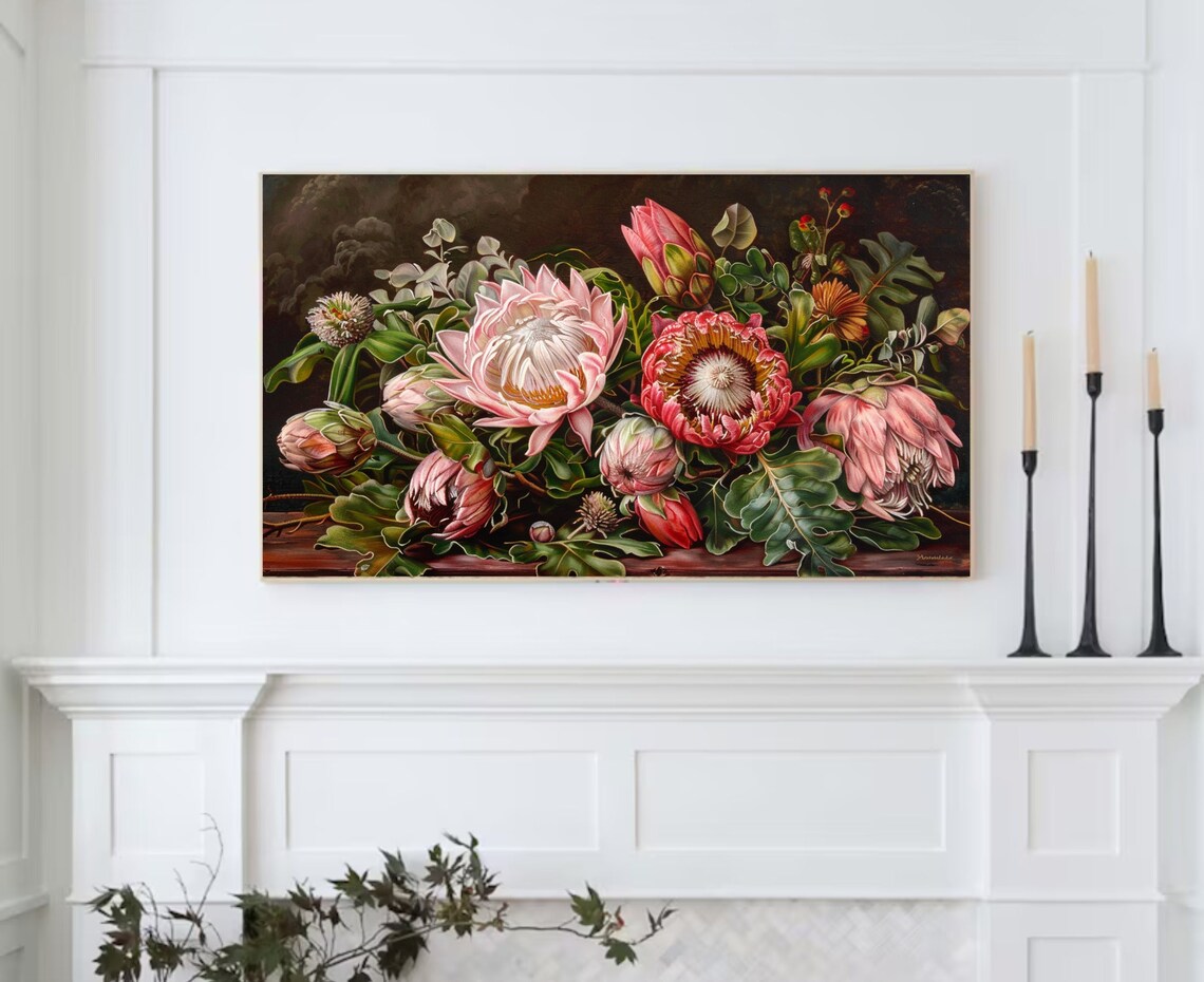 Protea Flowers Still Life Pink Red Blooms Dark Botanical Art Print - Image 2
