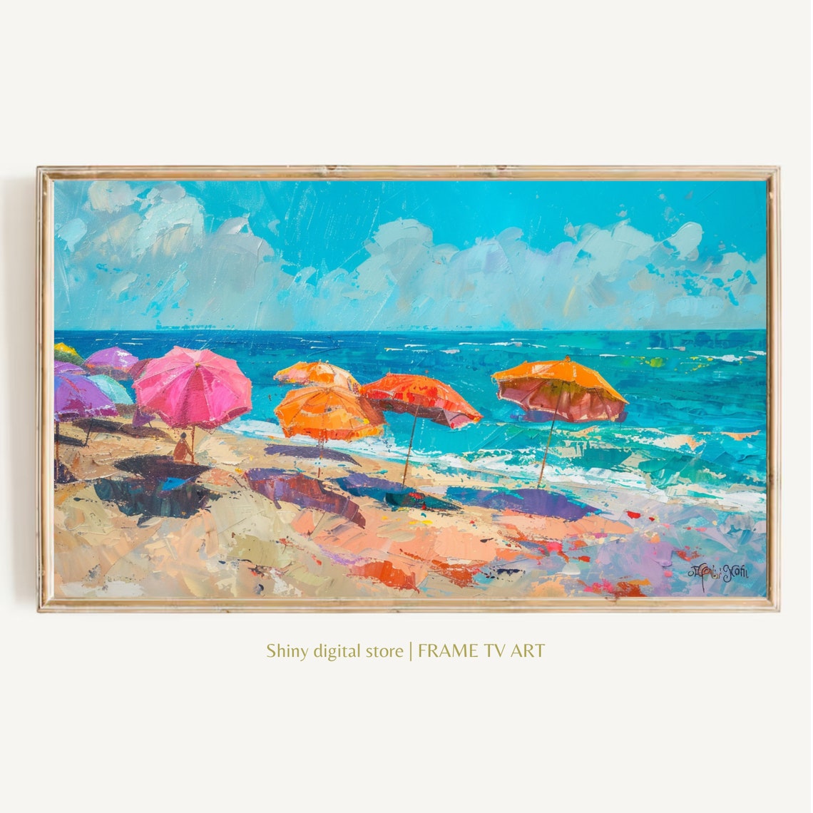 Summer Beach Umbrellas Ocean Waves Colorful Impasto Coastal Art Poster