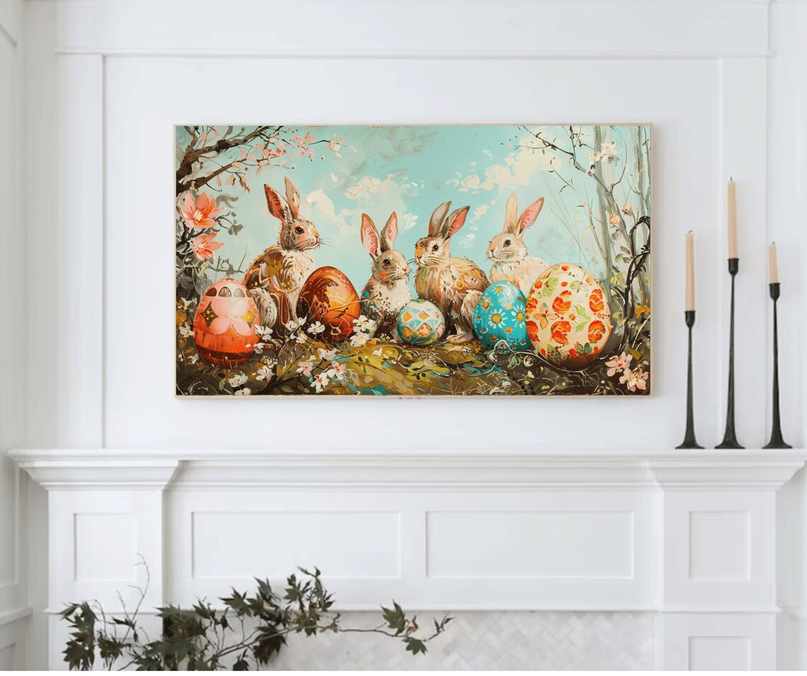 Vintage Easter Bunnies Painting Four Rabbits Painted Eggs Spring Blossom Poster - Image 2