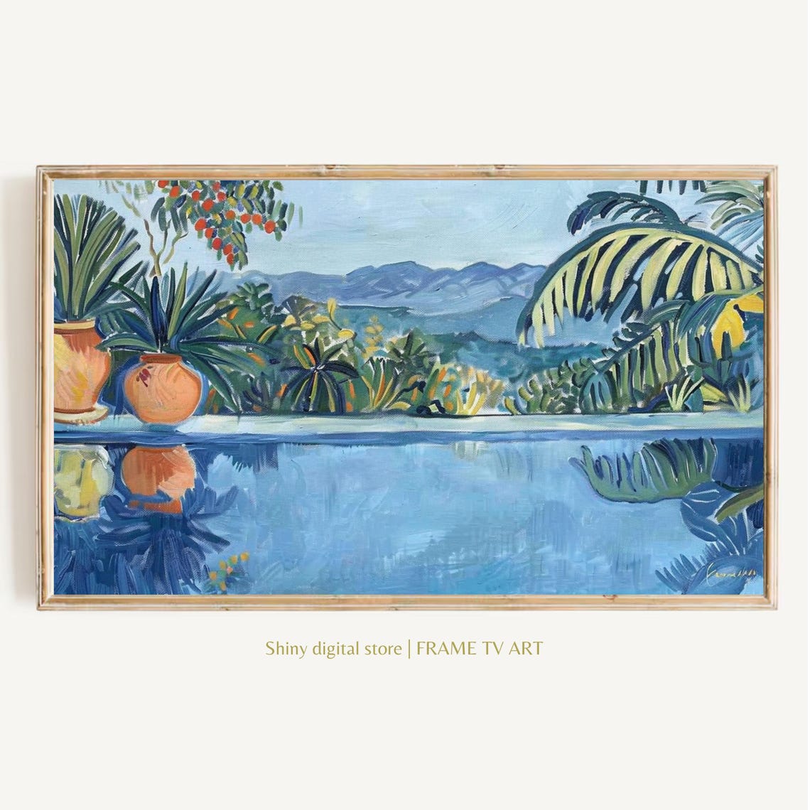 Tropical Pool Palm Trees Terracotta Pots Mountain View Art Poster