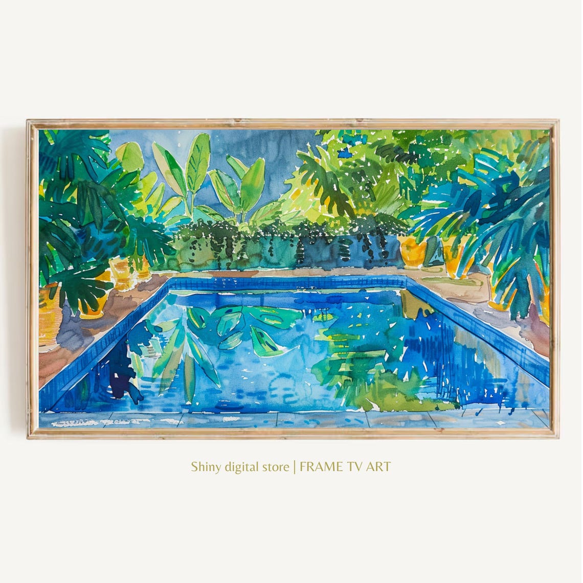 Tropical Swimming Pool with Lush Greenery Watercolor Vacation Poster