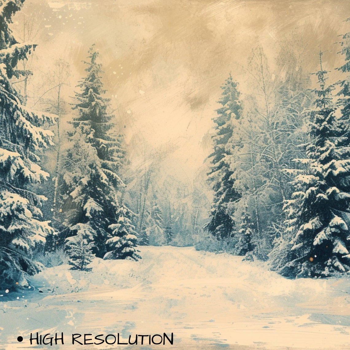 Snowy Winter Forest Path Snow Covered Pines Vintage Blue Scene Print - Image 3