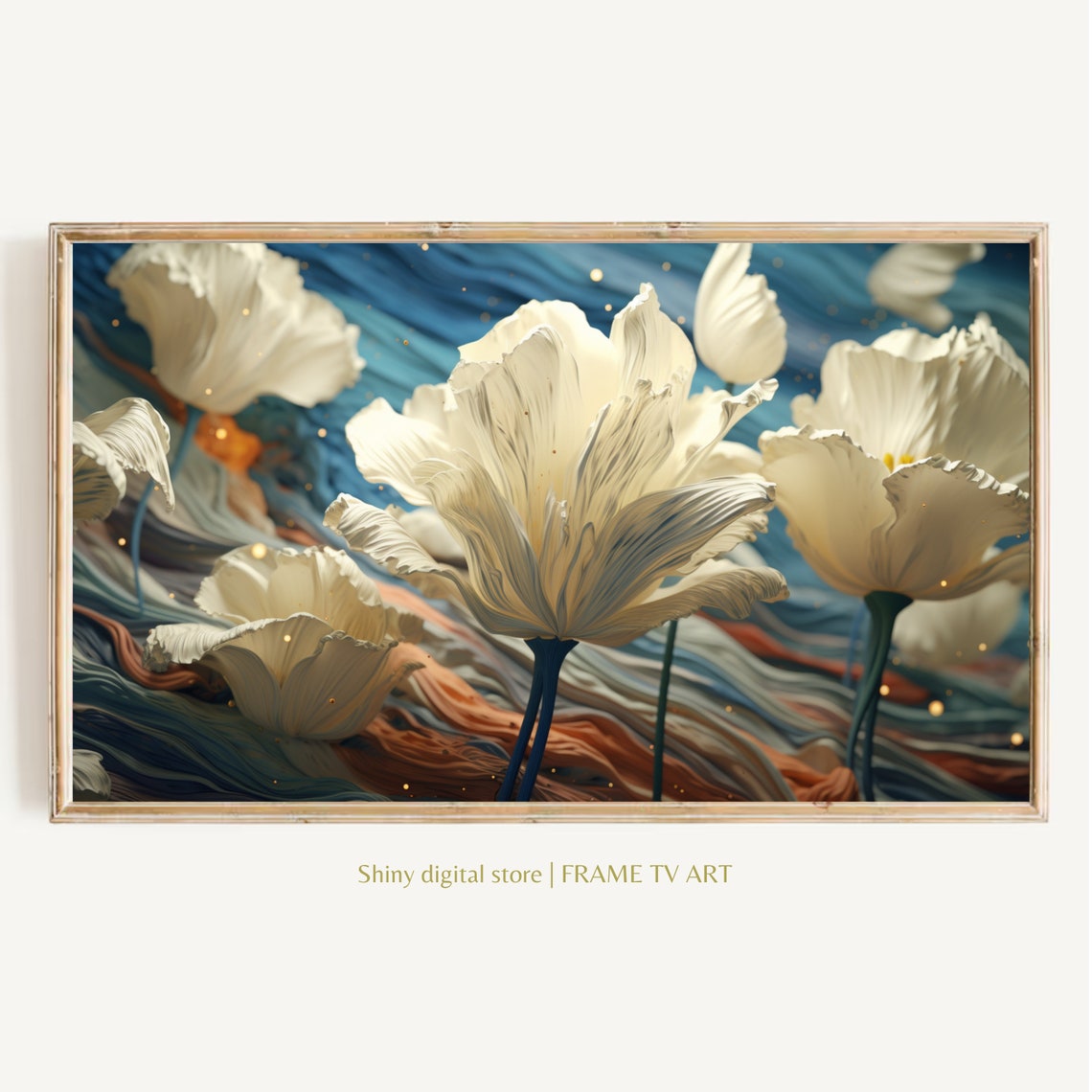 White Flowers 3D Textured Blue Waves Artistic Floral Print Wall Art
