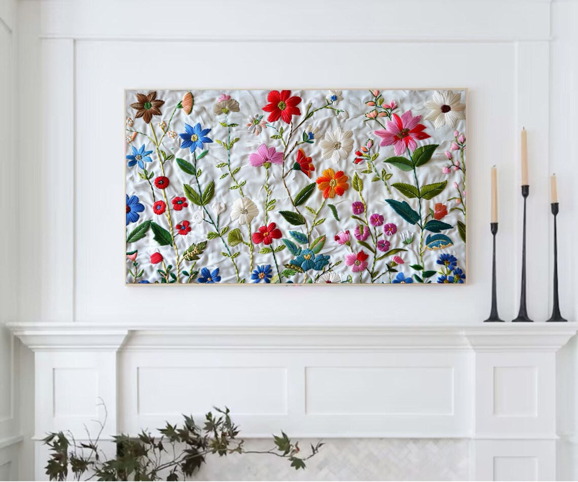 Embroidered Wildflower Garden Colorful Thread Floral Fabric Art Poster - Image 3