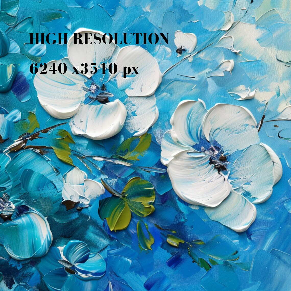 Blue White Impasto Floral Oil Painting Textured Spring Art Poster - Image 3