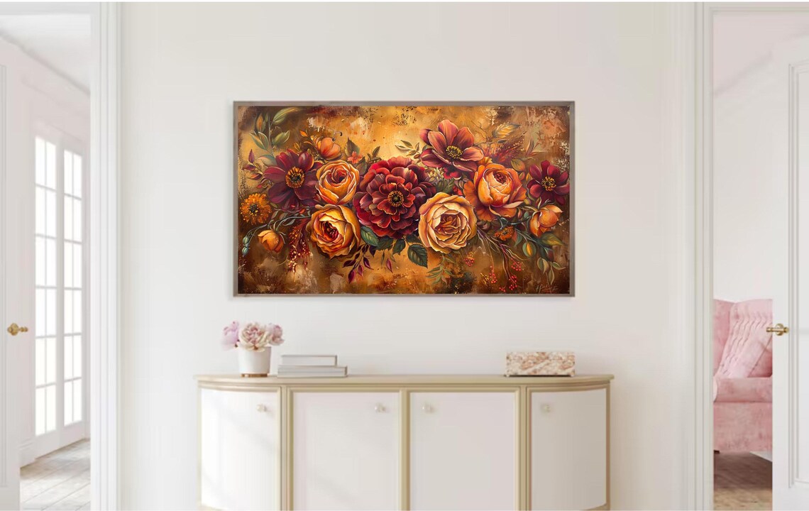 Autumn Floral Bouquet Roses Dahlias Warm Golden Painting Poster - Image 2